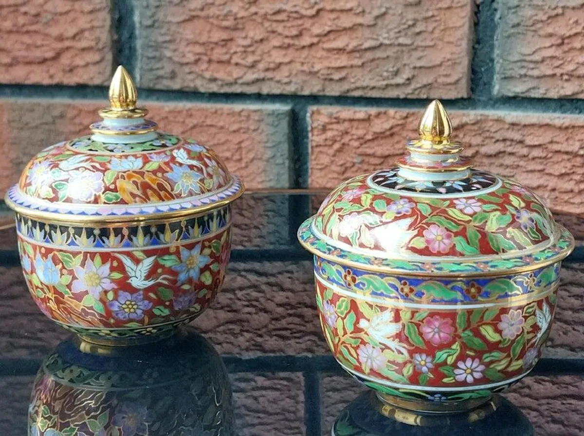 Thai Benjarong Ceramic Lidded Temple Jars - Image 1