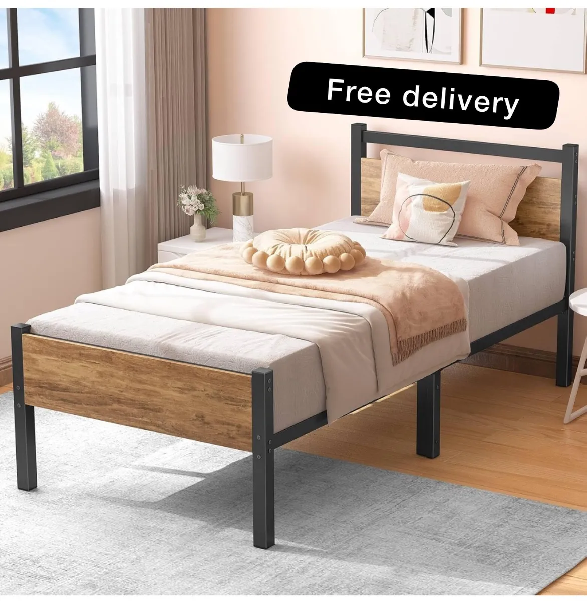 Single Bed Frames with Wood Headboard - Image 1