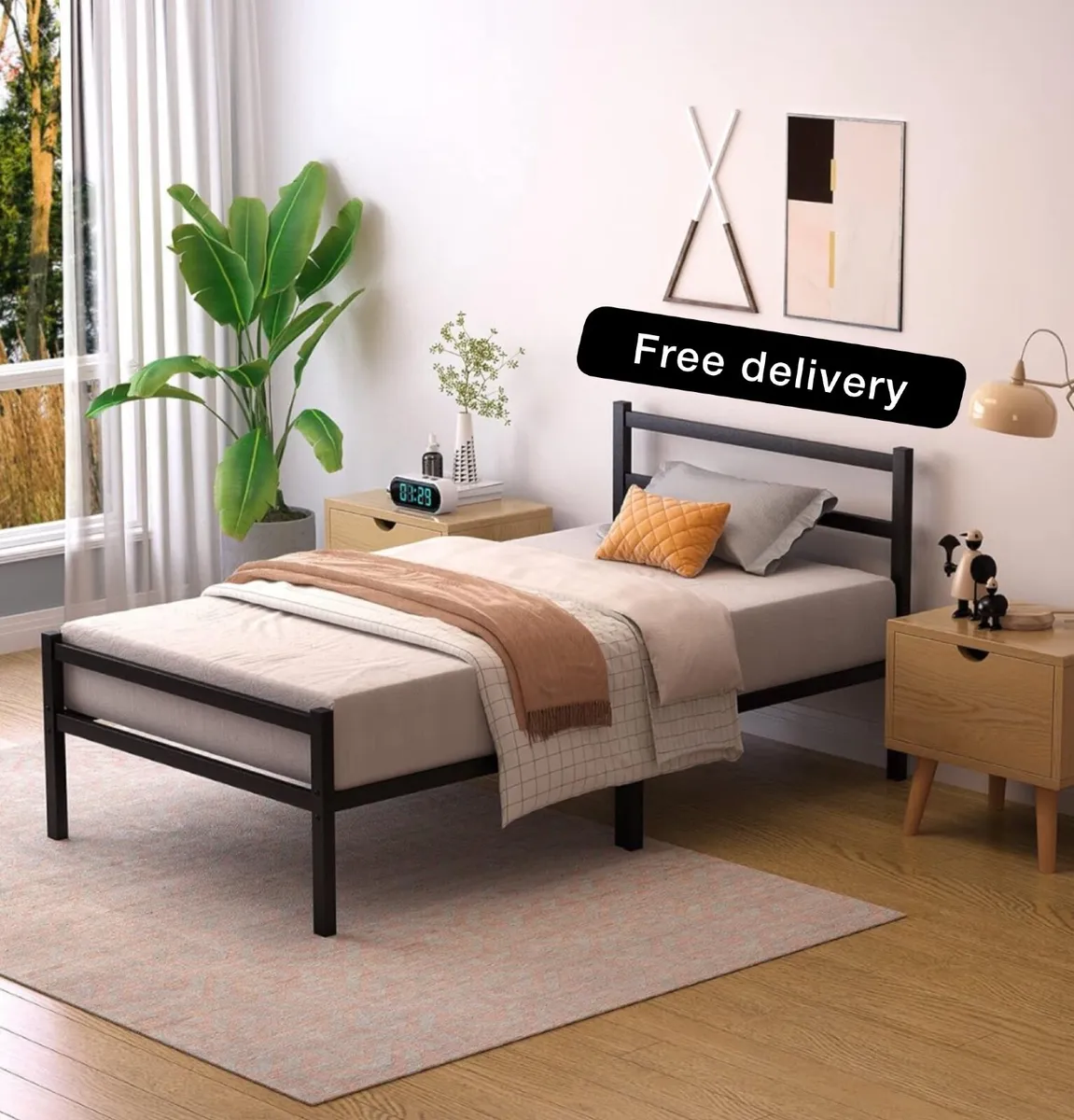 Single Bed Frames with Wood Headboard 31.5cm Metal - Image 1