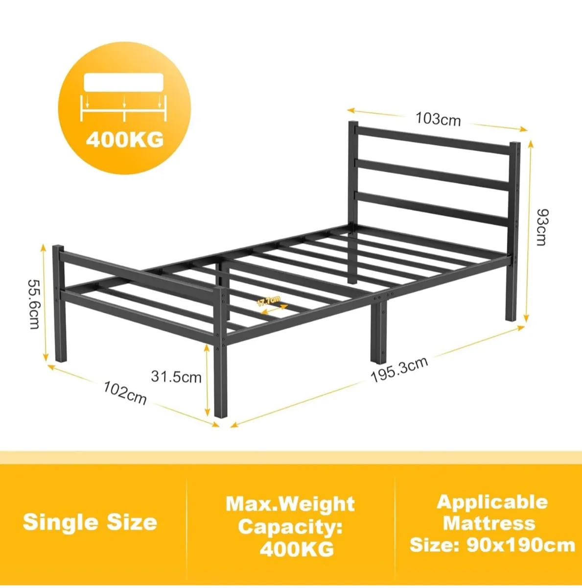 Single Bed Frames with Wood Headboard 31.5cm Metal - Image 3