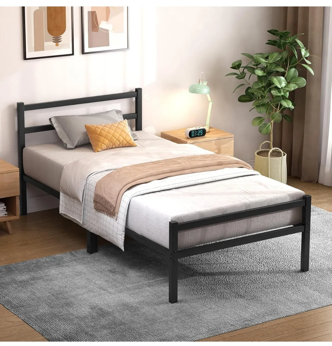 Single Bed Frames with Wood Headboard 31.5cm Metal - Image 1