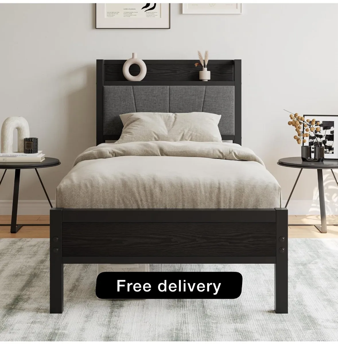 3ft Single Bed Frame with Storage Headboard - Image 1