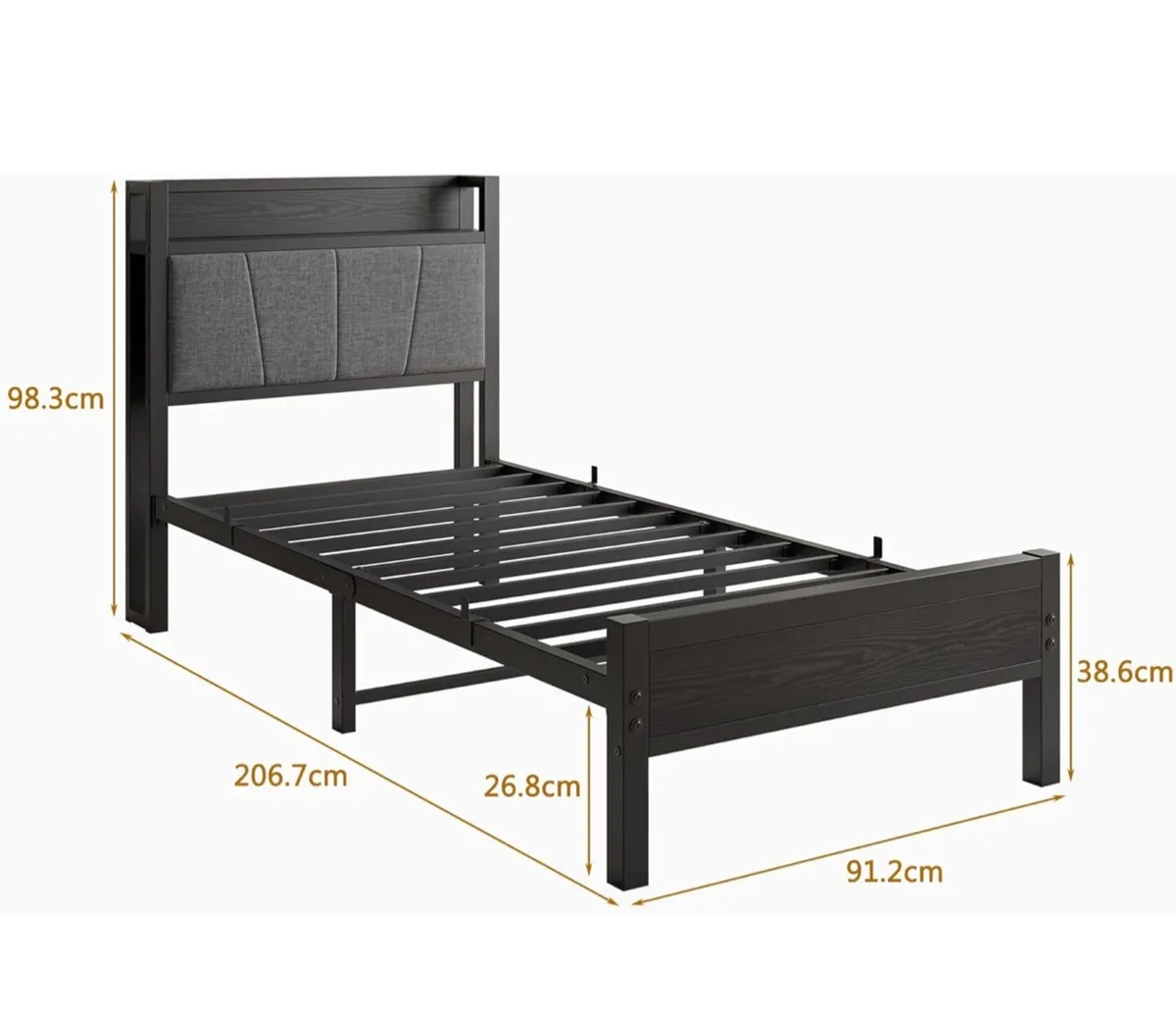 3ft Single Bed Frame with Storage Headboard - Image 2