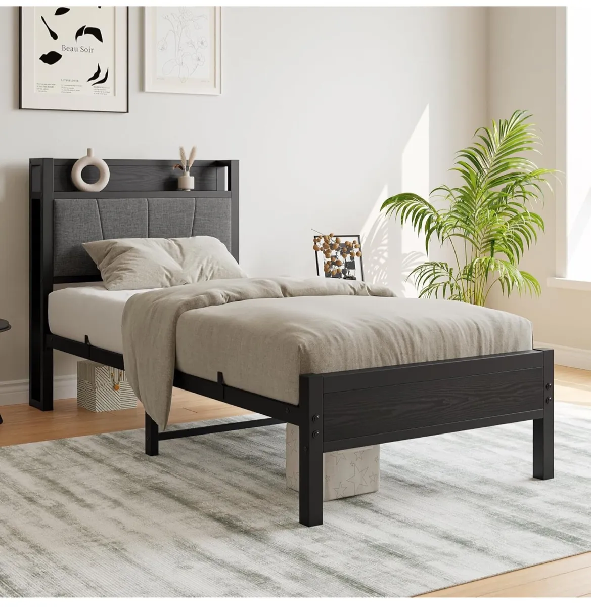 3ft Single Bed Frame with Storage Headboard - Image 1