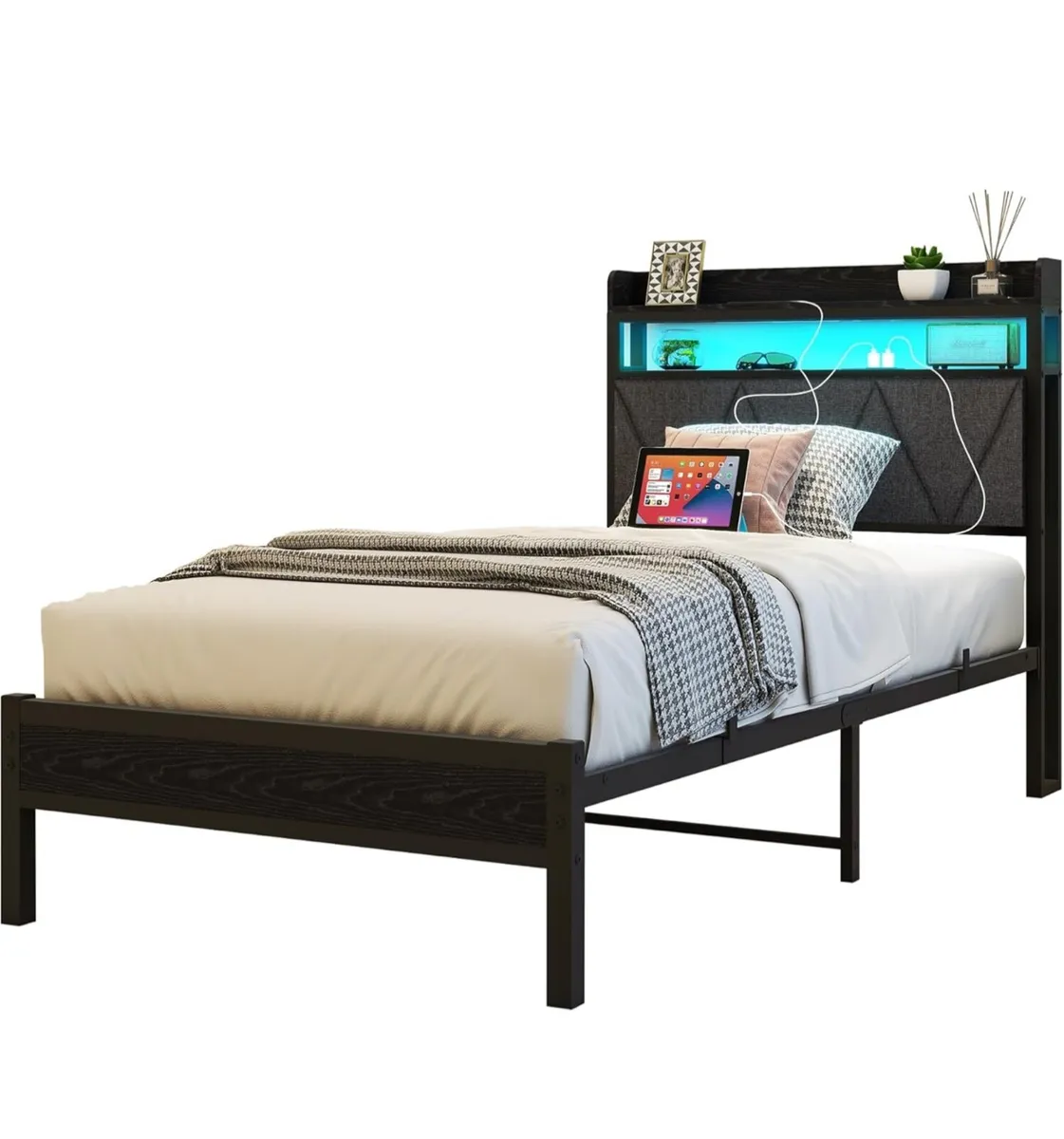 Single Bed Frame with LED Lights Storage Upholster - Image 2