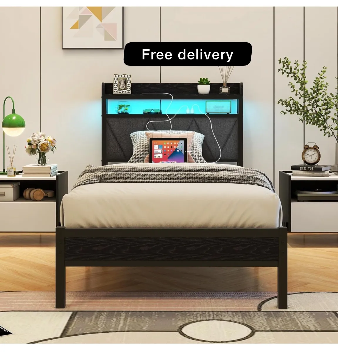 Single Bed Frame with LED Lights Storage Upholster - Image 1