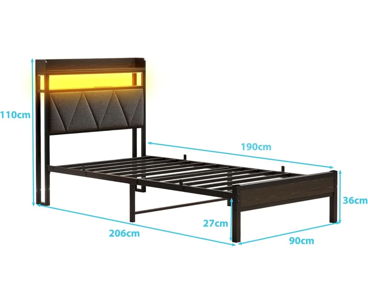 Single Bed Frame with LED Lights Storage Upholster - Image 2