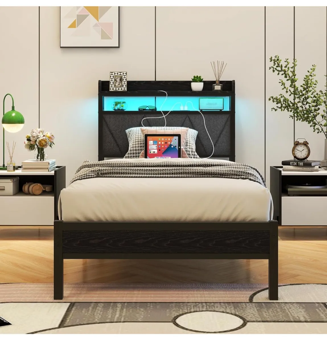 Single Bed Frame with LED Lights Storage Upholster - Image 3