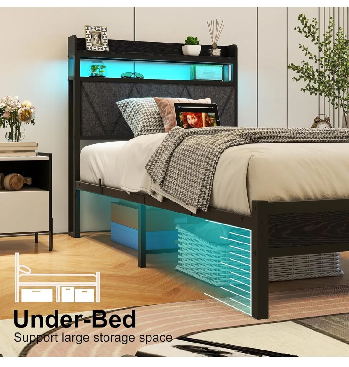 Single Bed Frame with LED Lights Storage Upholster - Image 4