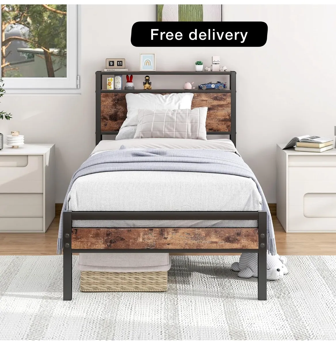 3ft Single Bed Frame with Storage Headboard - Image 1