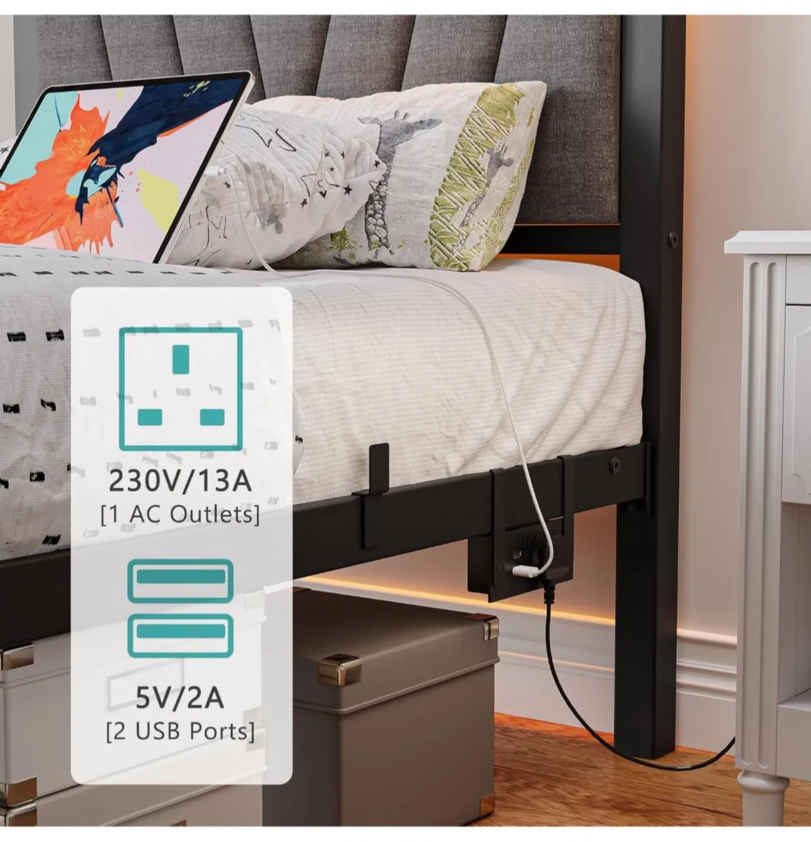 Bed frame with Headboard and USB Charging Station - Image 1