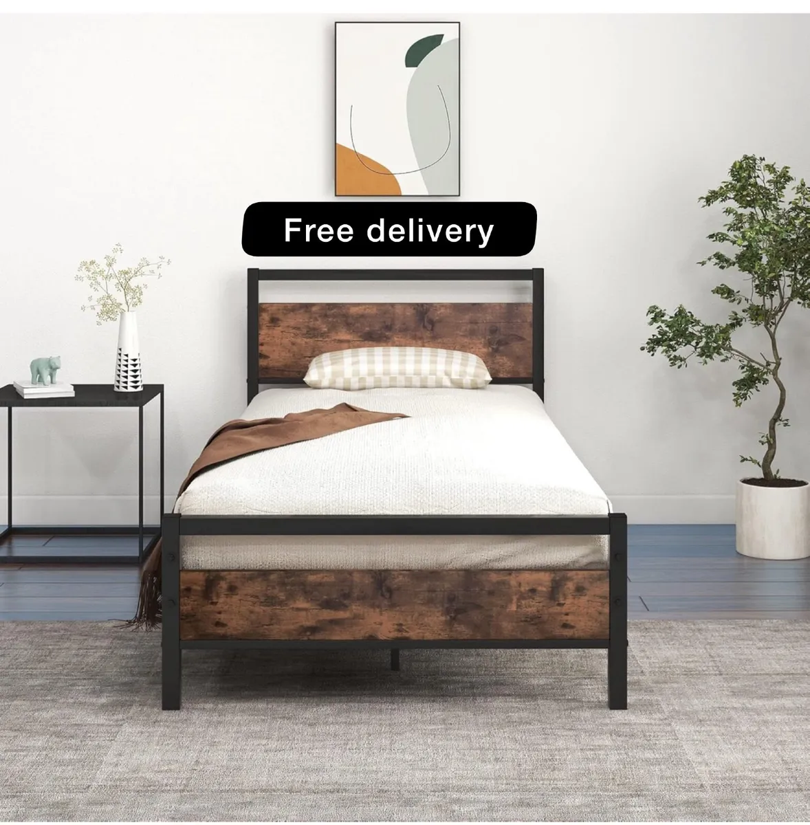 Metal Platform Bed Frame 3 FT Single with Wooden H - Image 1