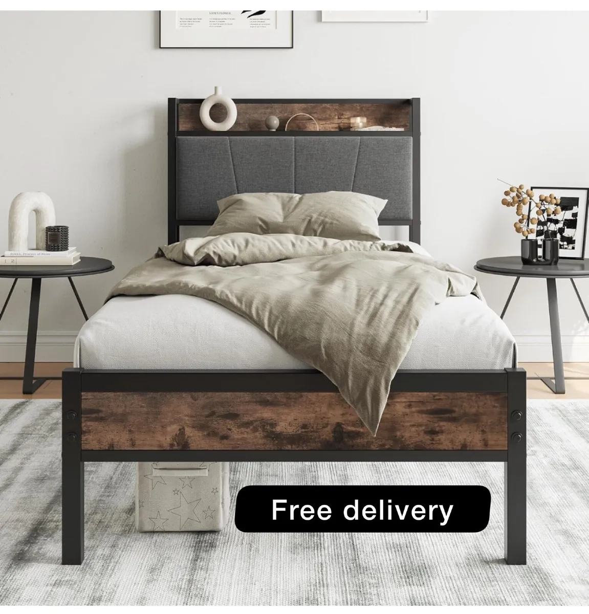 3ft Single Bed Frame with Storage Headboard - Image 1