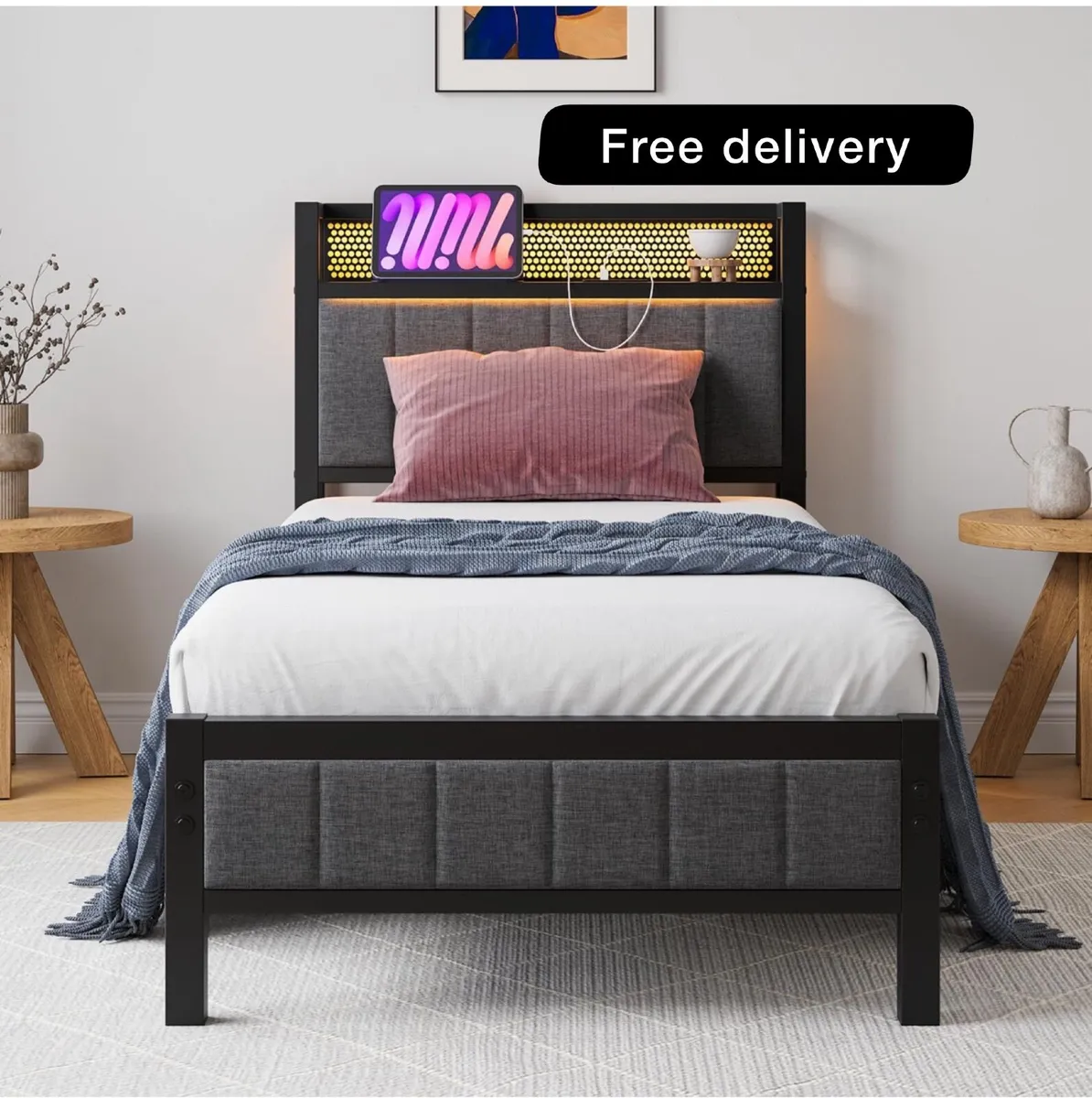 Single Bed Frames with Storage Headboard and Charg - Image 1