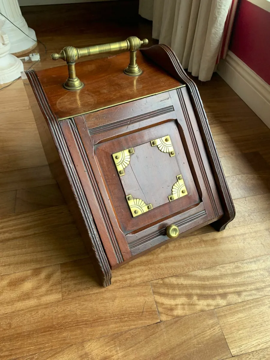 Coal scuttle, mahogany and brass with insert