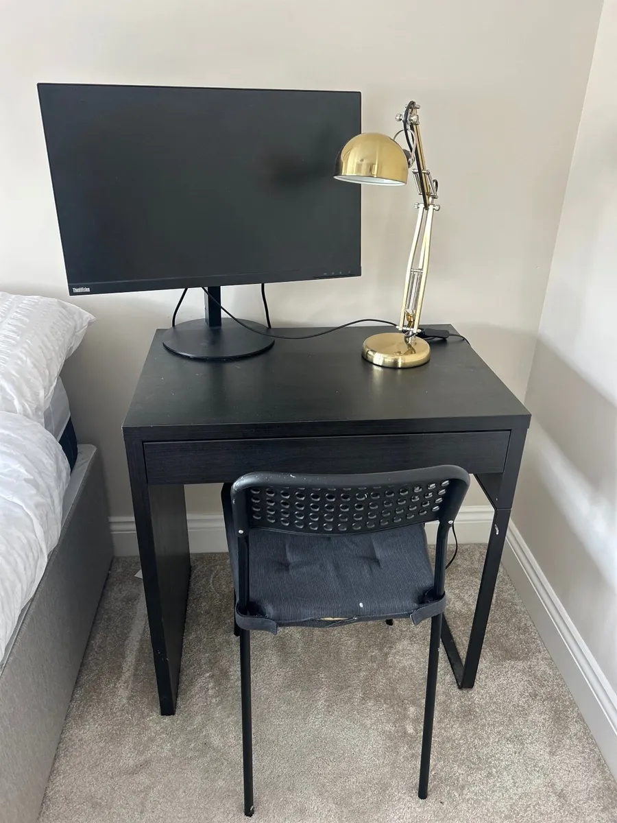 Desk, chair monitor and lamp