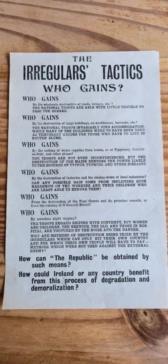 1922 Two Provisional Government Of Ireland Pro Treaty Flyers 'the Irregulars Tactics' And '1916-1922 - Image 1