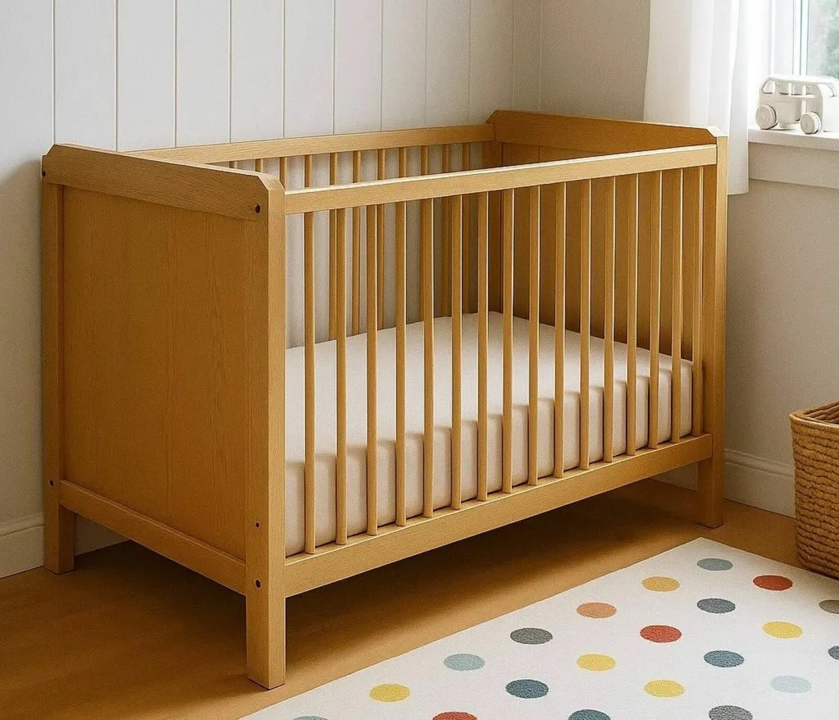 Wooden Baby Cot with Mattress – Newborn to Toddler - Image 1