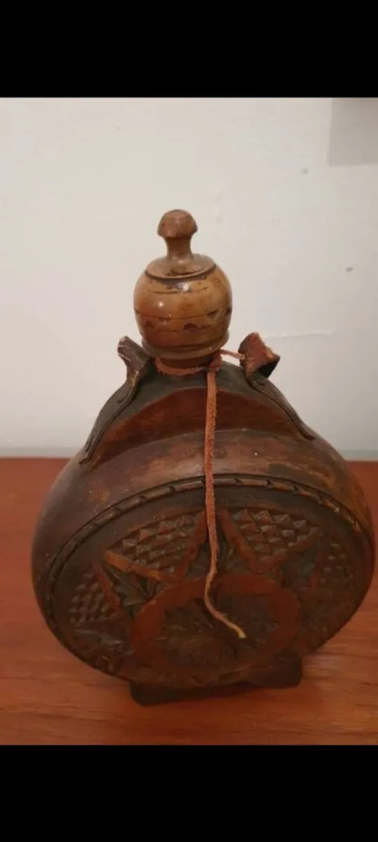 antique wine flask carved wood - Image 1