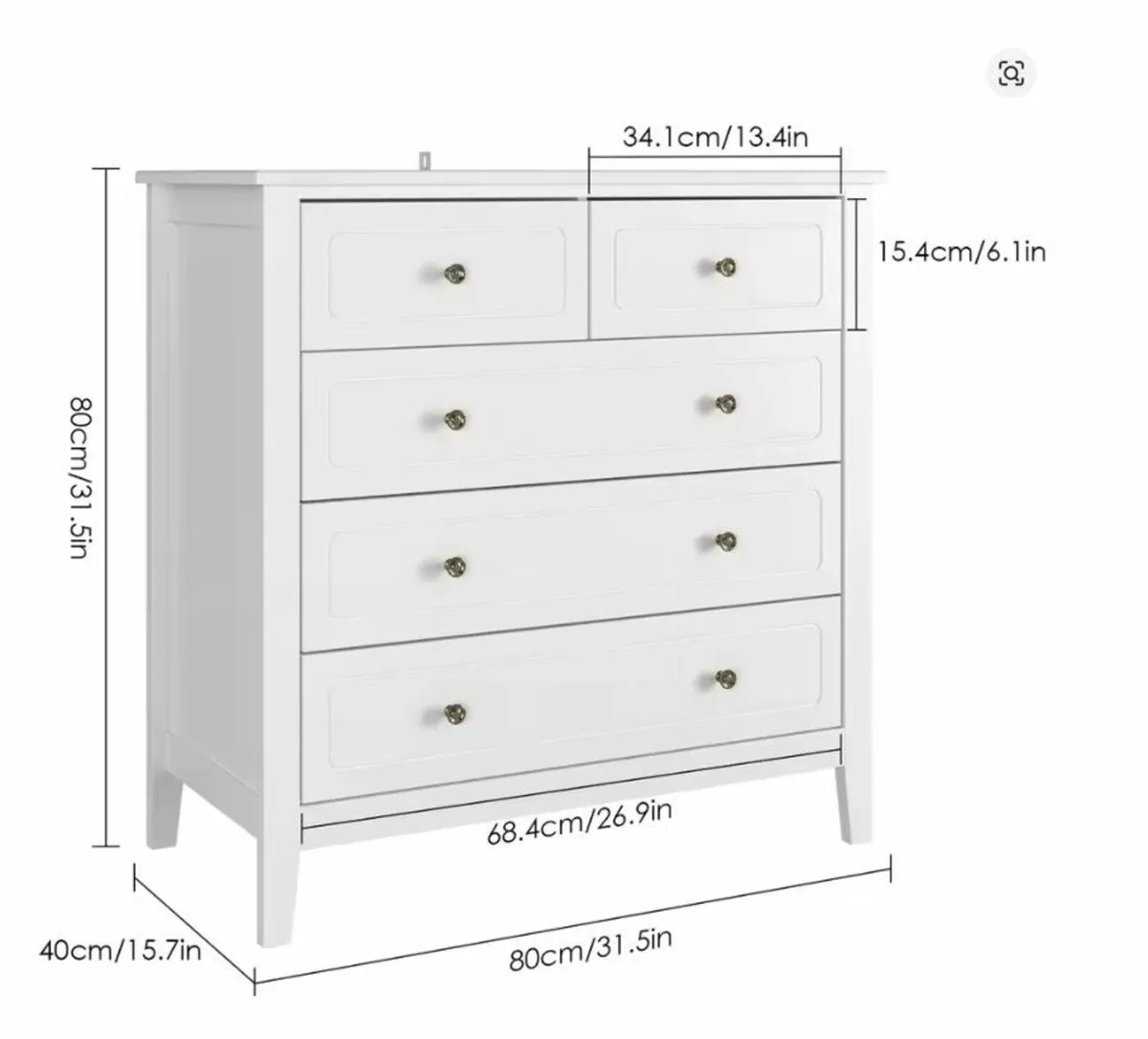 White Chest of Drawers Bedroom Dresser with 5 Draw - Image 2