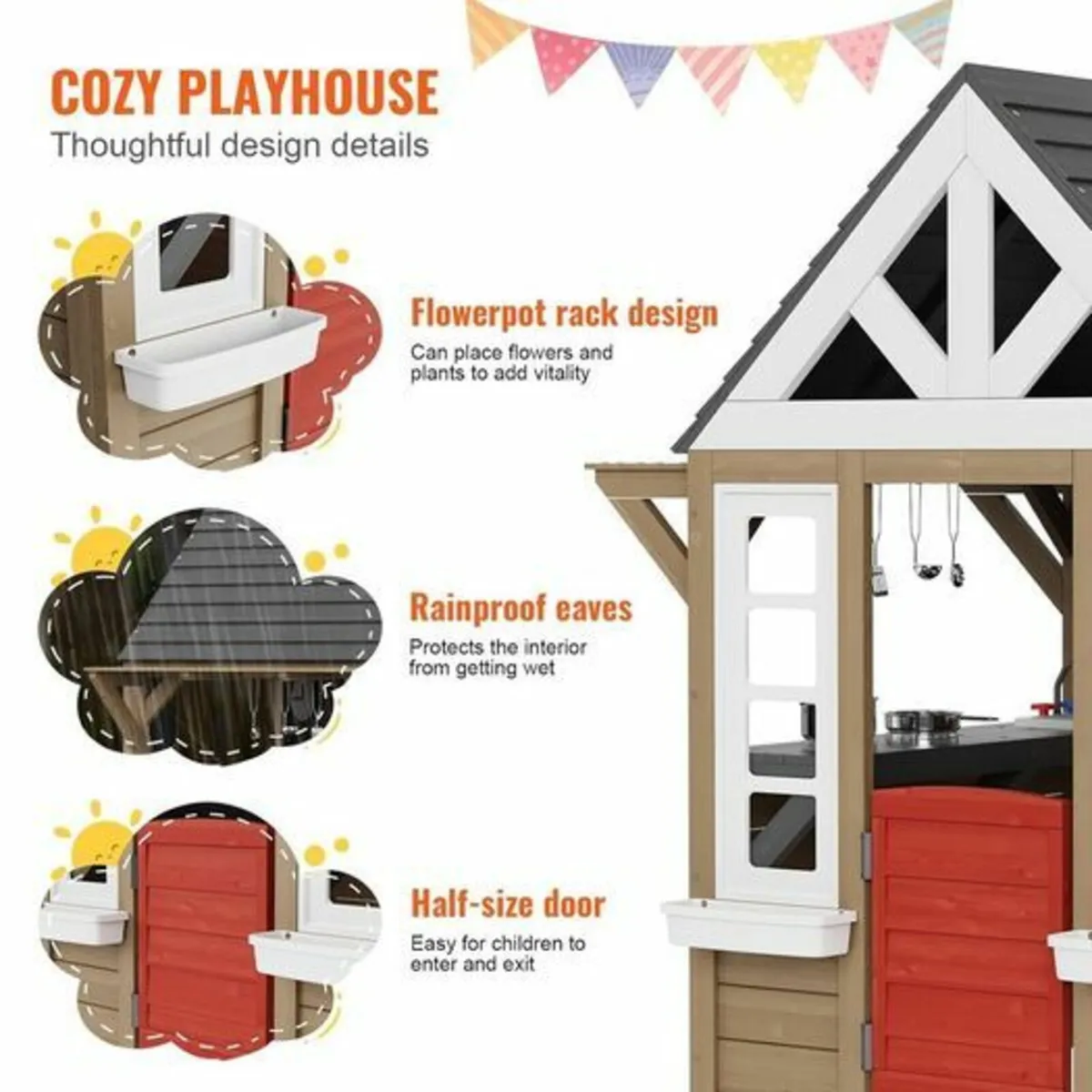 Outdoor Wooden Playhouse Kids Garden Cottage with - Image 3