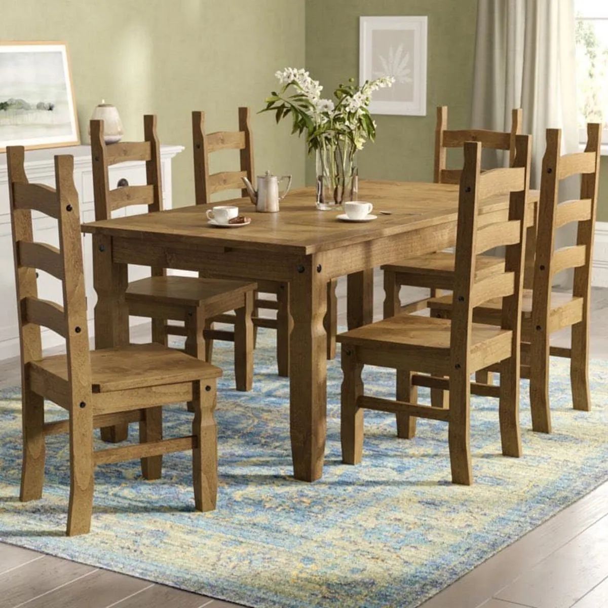 Mexican pine table and 6 chairs set - Image 1