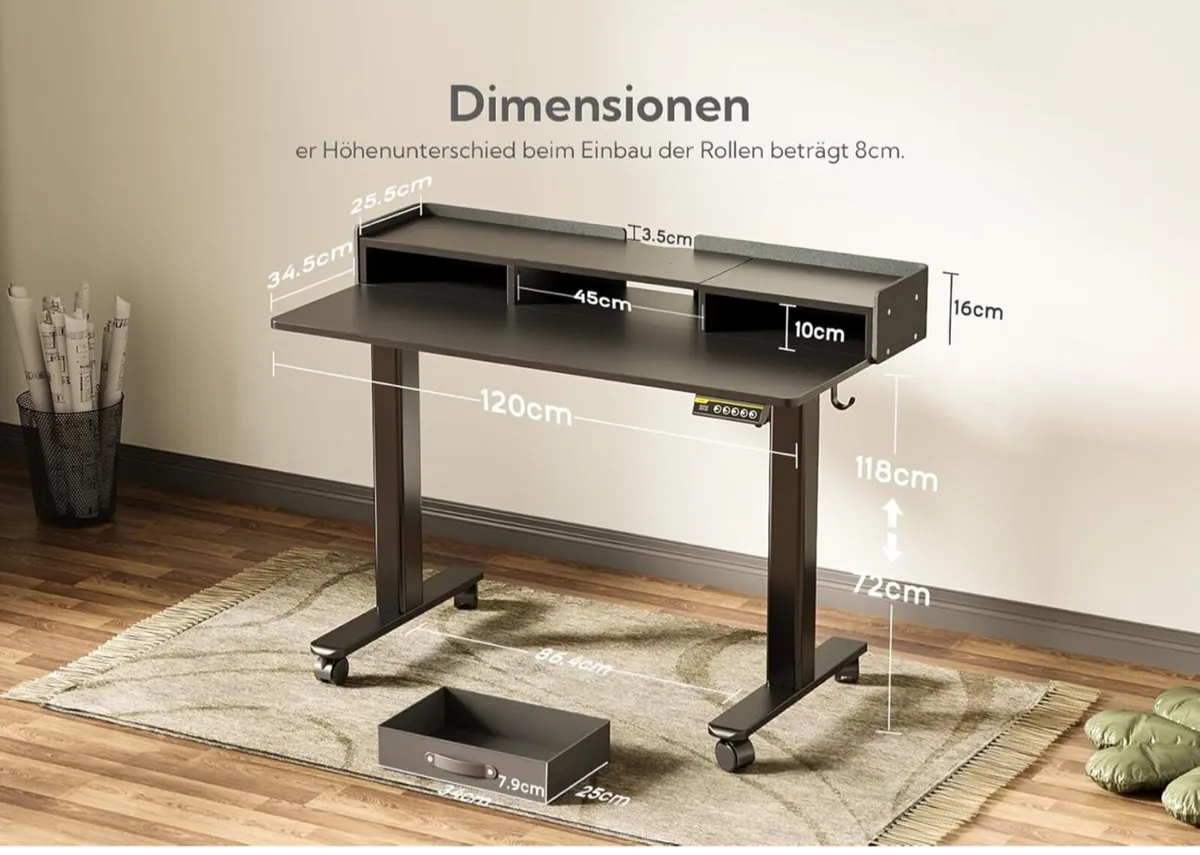 Electric Standing Desk with Drawers, 120x60cm - Image 4