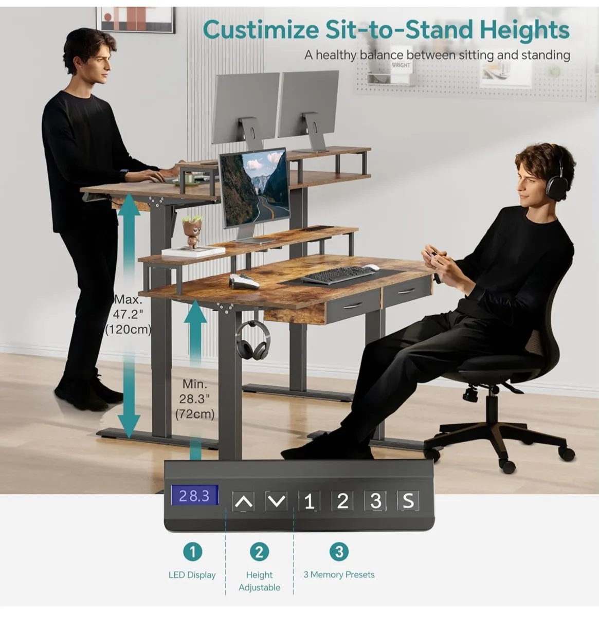 Standing Desk, Electric Height Adjustable Desk wit - Image 3