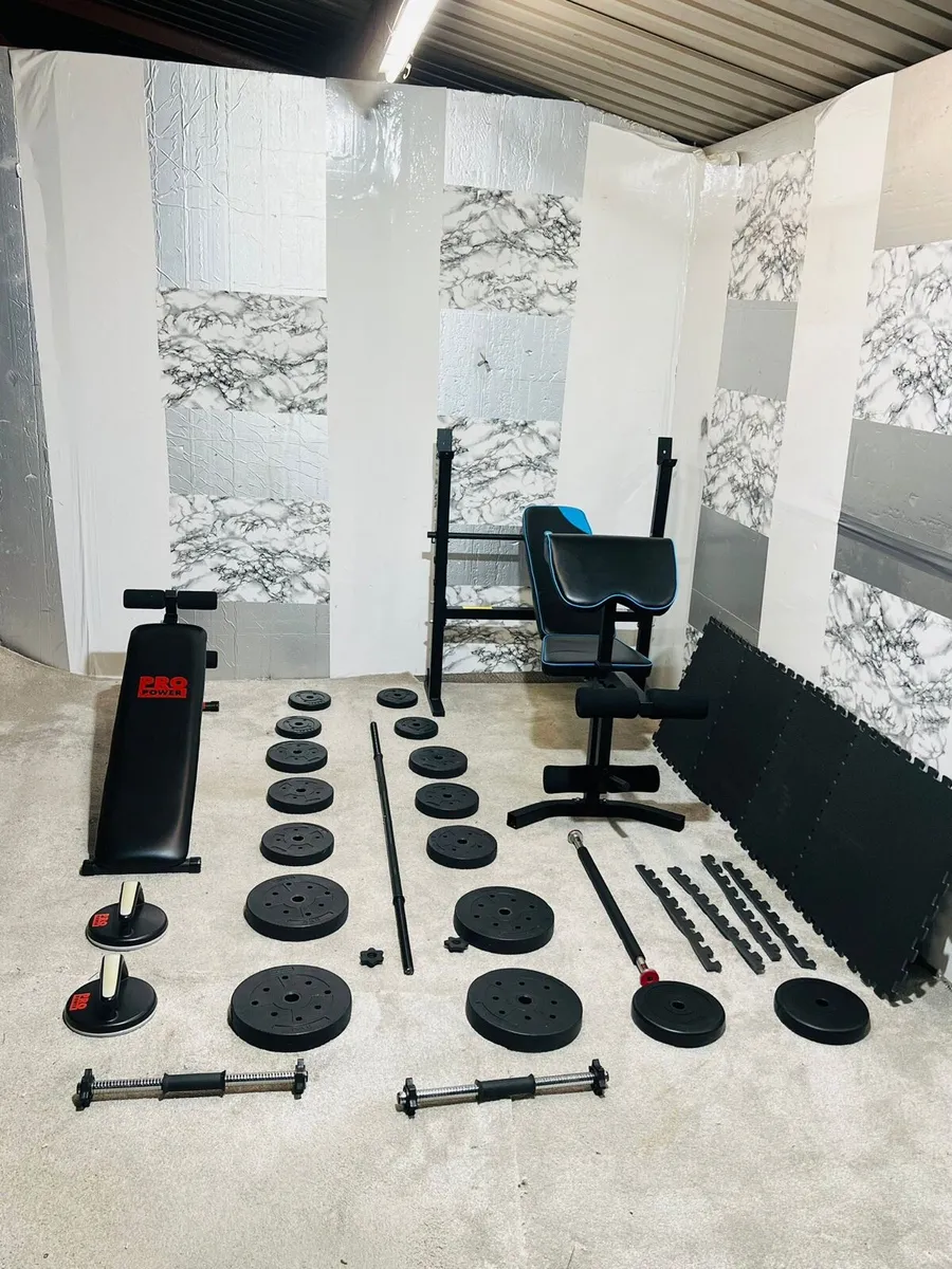 GYM BUNDLE WEIGHT BENCHS BARS MATS ETC - Image 1