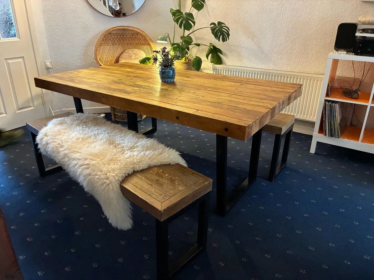 Wooden Dining table and benches - Image 1