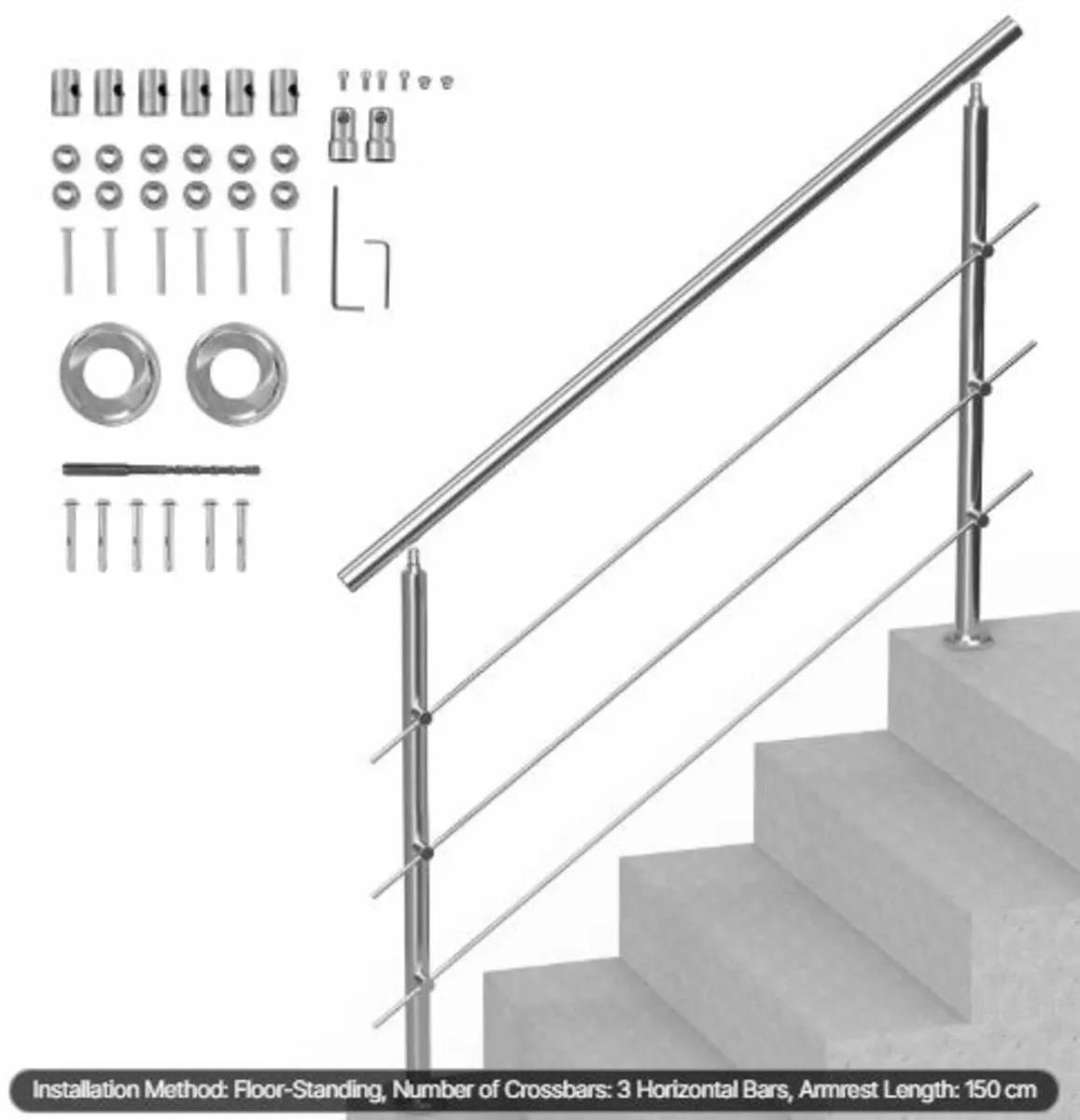 149.9 cm Handrails for Outdoor Steps 3 Crossbars - Image 1