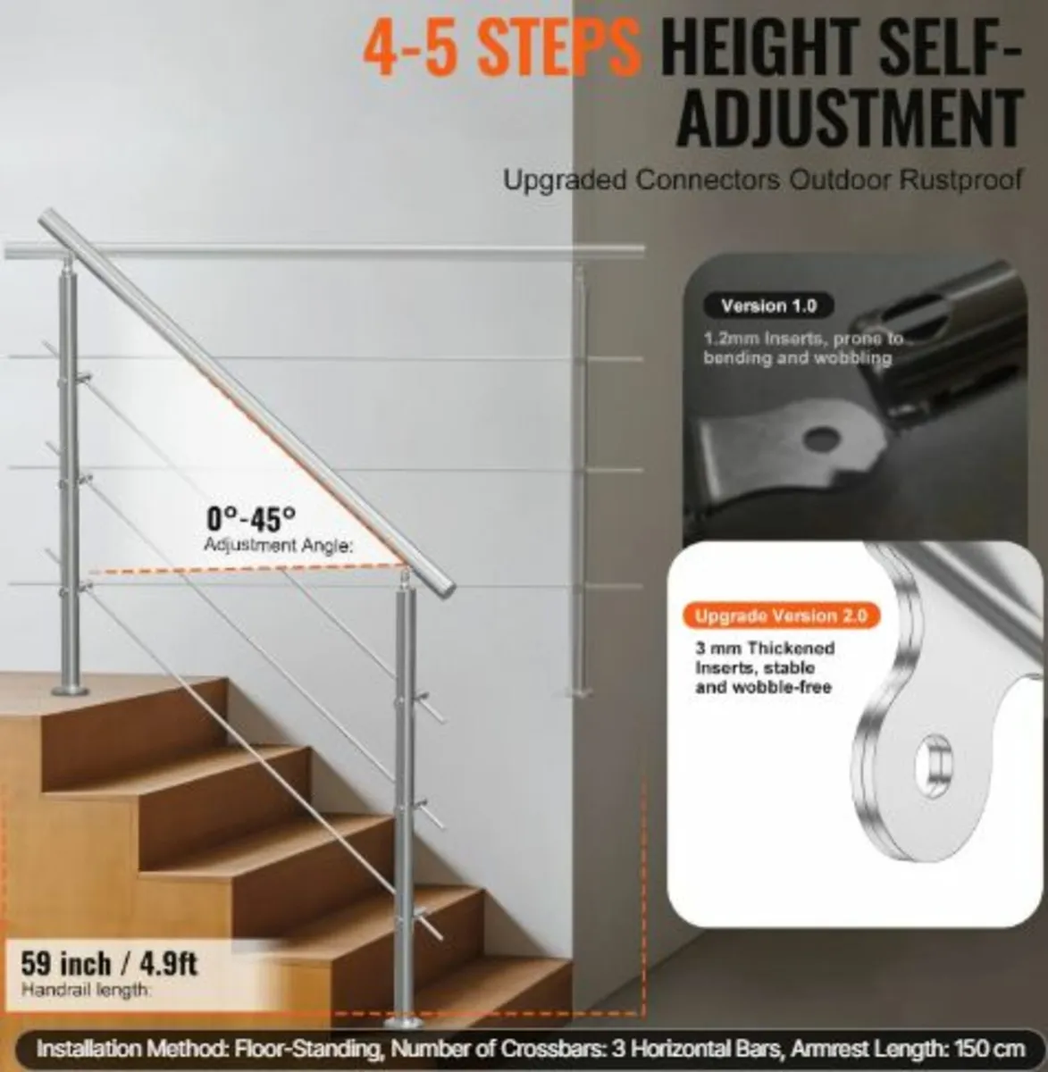 149.9 cm Handrails for Outdoor Steps 3 Crossbars - Image 2