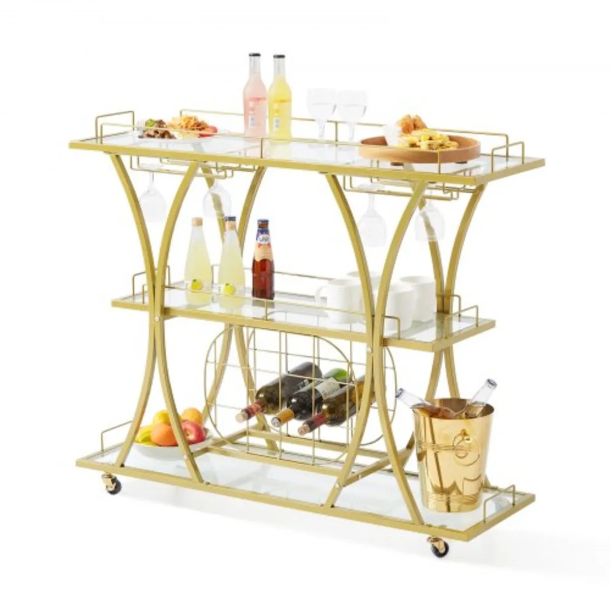 3 Tiers Gold Metal Bar Serving Cart with Wine Rack