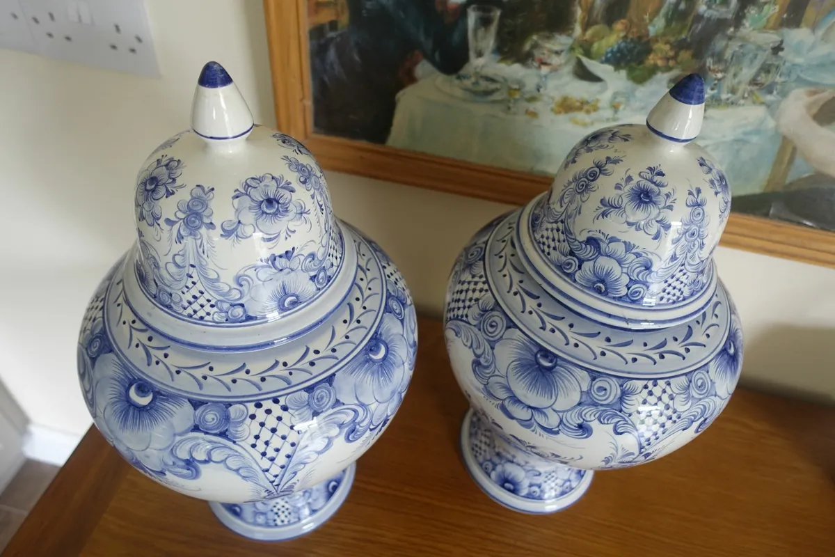 Two Decorative Blue & White Urns - Image 1