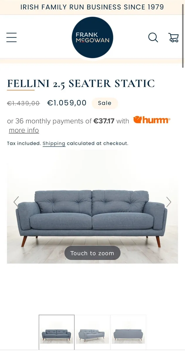 2.5 seater Frank McGowan blue sofa - Image 1