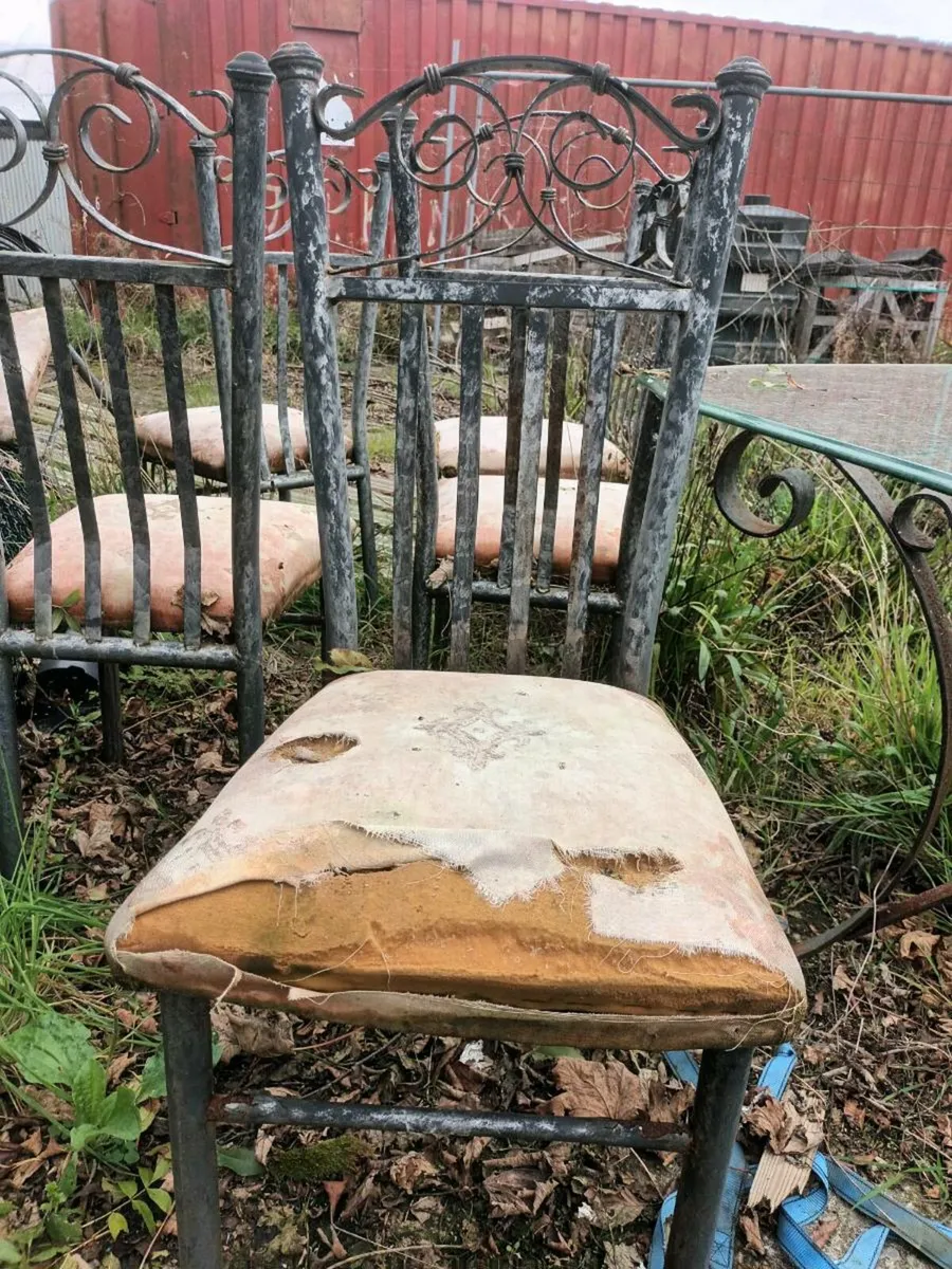 Antique cast iron glass table and 6 chairs - Image 2
