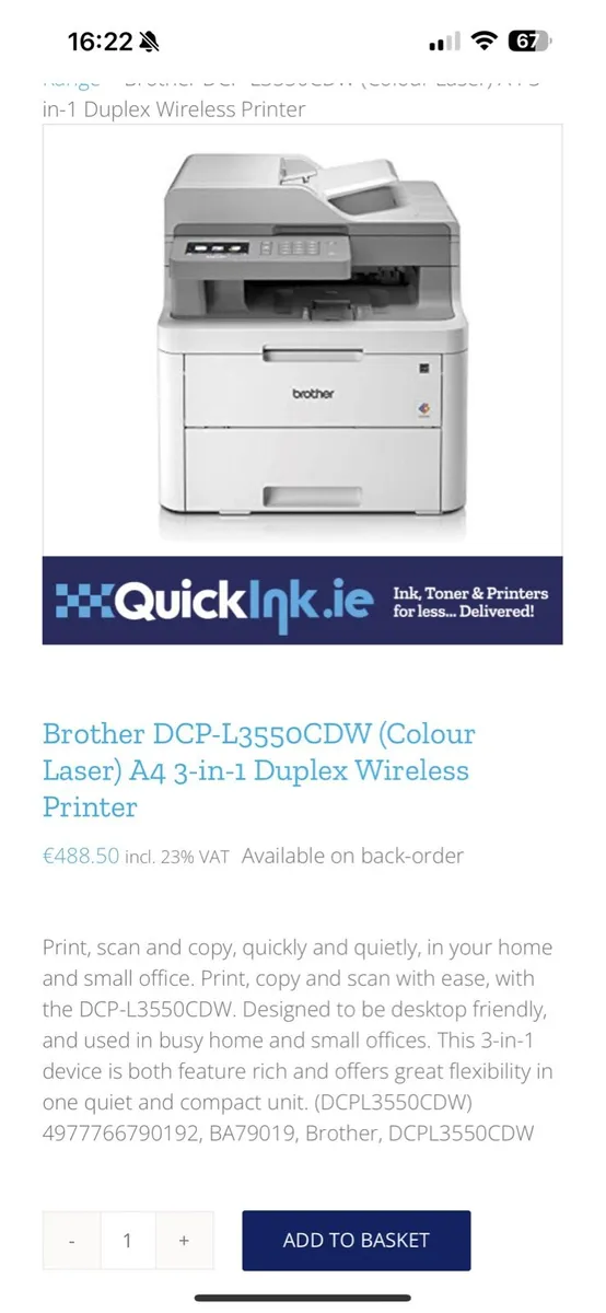 Brother 3 in 1 DCP-L3550CDW Printer - Image 1