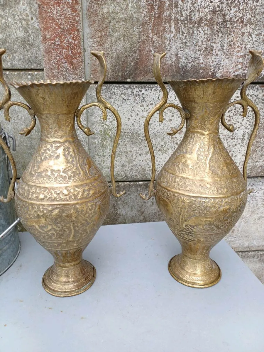 Antique Brass Cobra Handles Vases - Image 1
