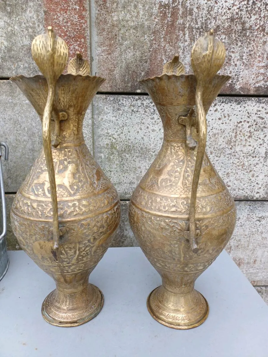 Antique Brass Cobra Handles Vases - Image 2