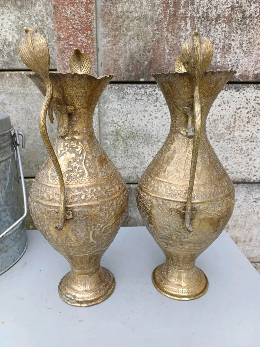 Antique Brass Cobra Handles Vases - Image 3