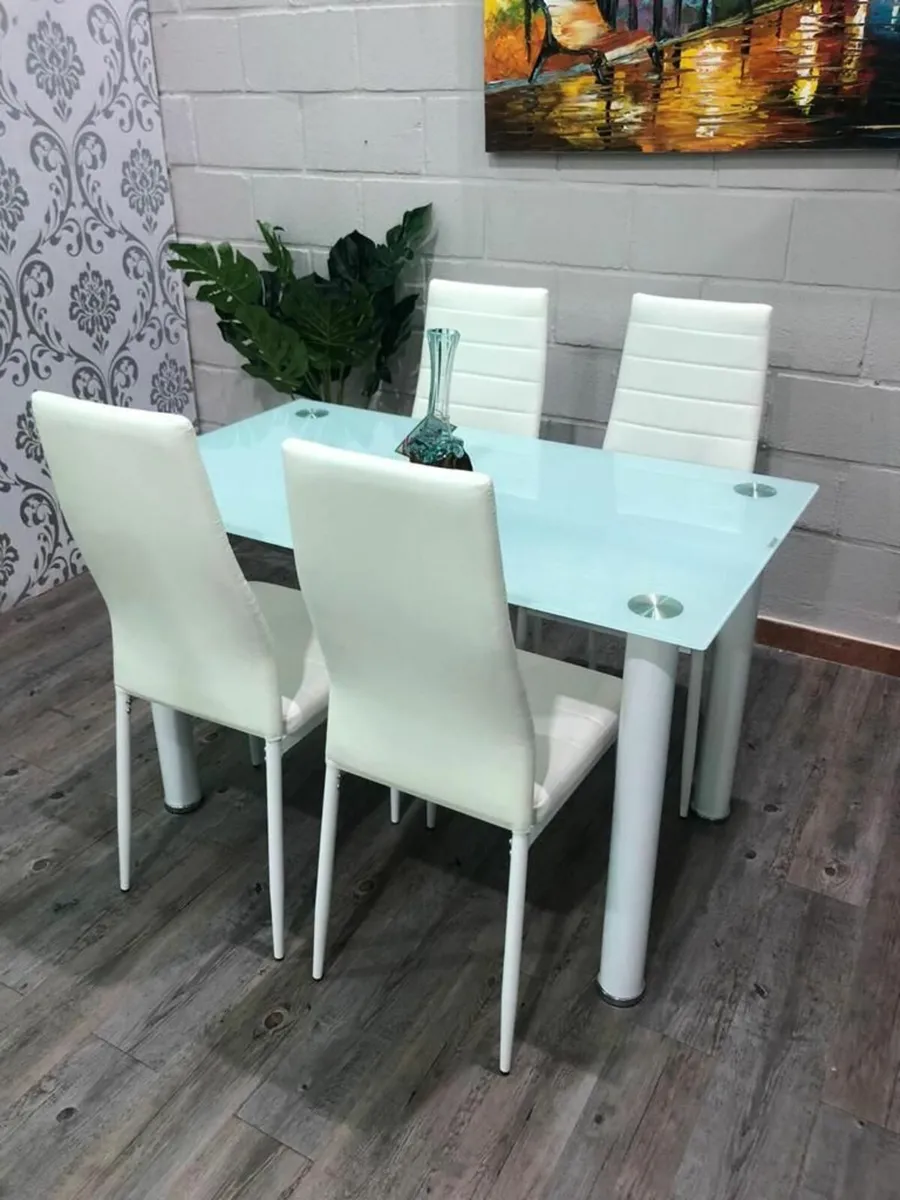 Compact Glass Dining Table Set Seats 4, White - Image 1