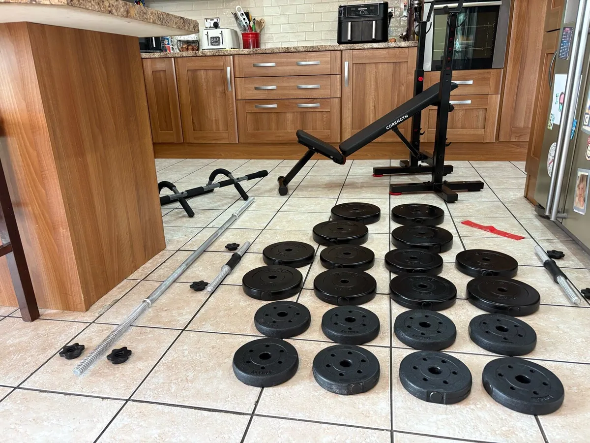 GYM WEIGHT BENCH , CHIN UP, WEIGHTS BAR PACKAGE! - Image 1