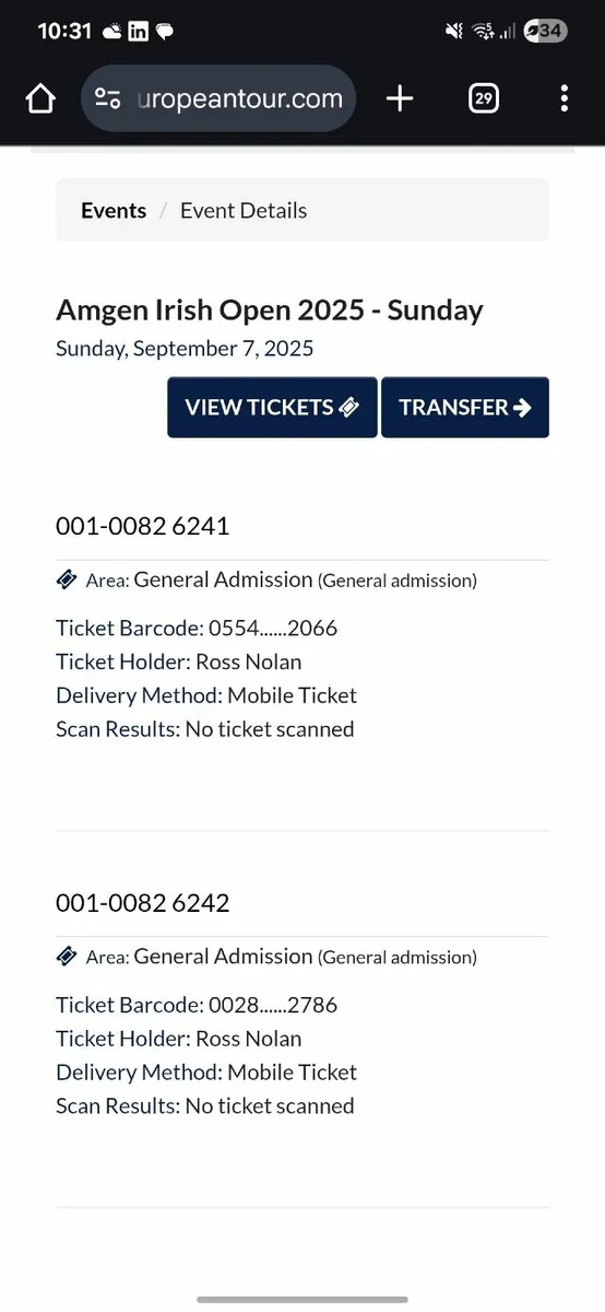 2x Sunday Irish Open Tickets