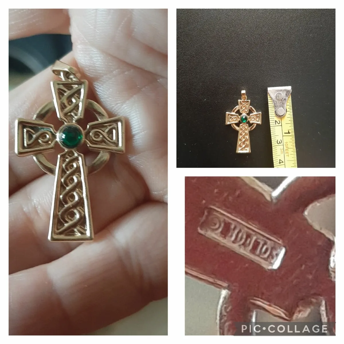Celtic cross pendant with green glass stone - Image 1