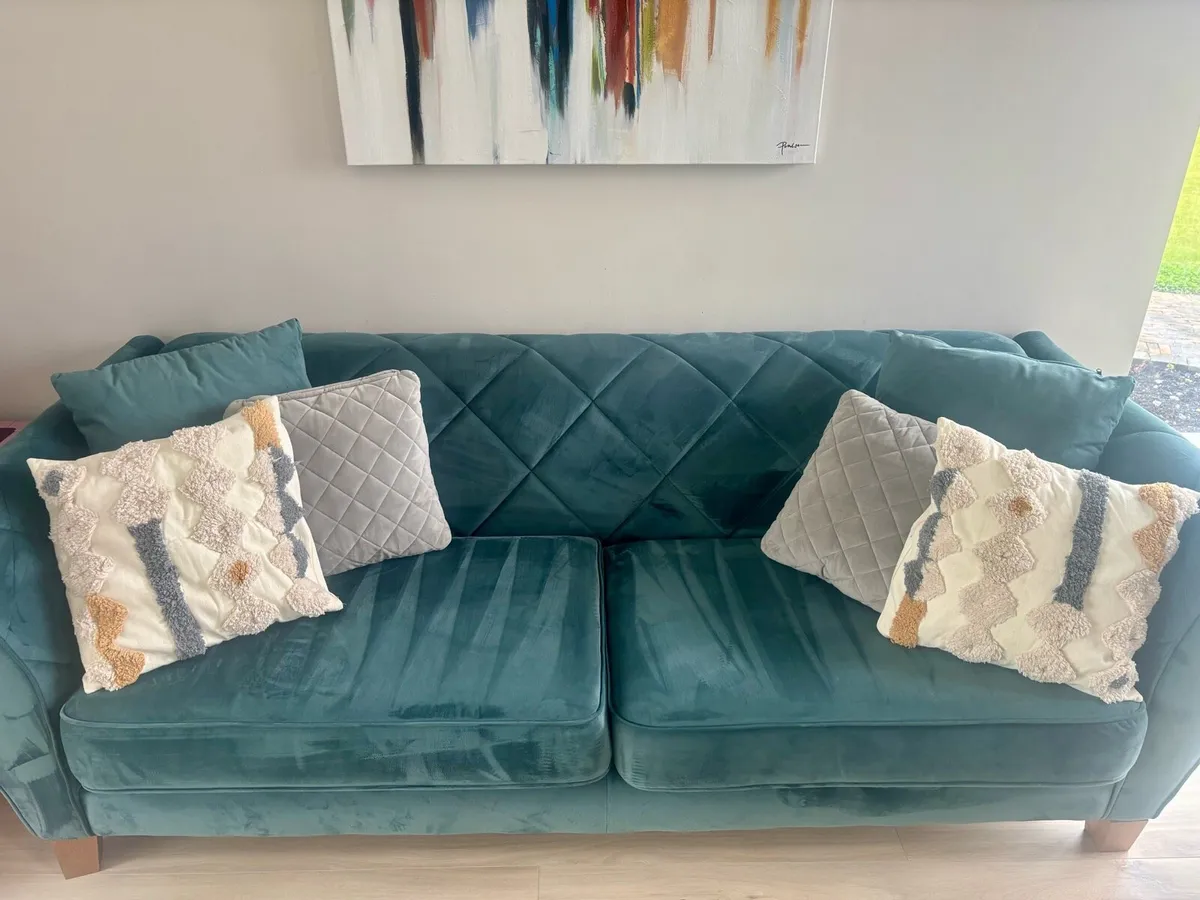 4 seater + 2 seater teal velvet material couches - Image 1
