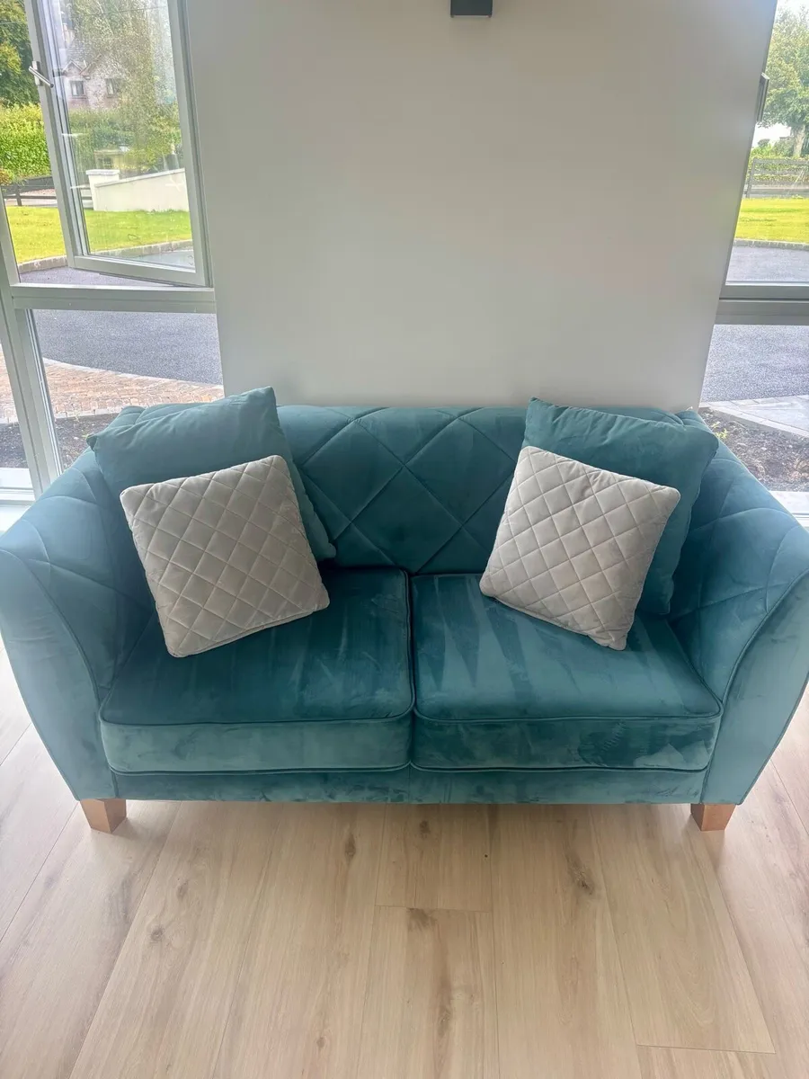 4 seater + 2 seater teal velvet material couches - Image 2