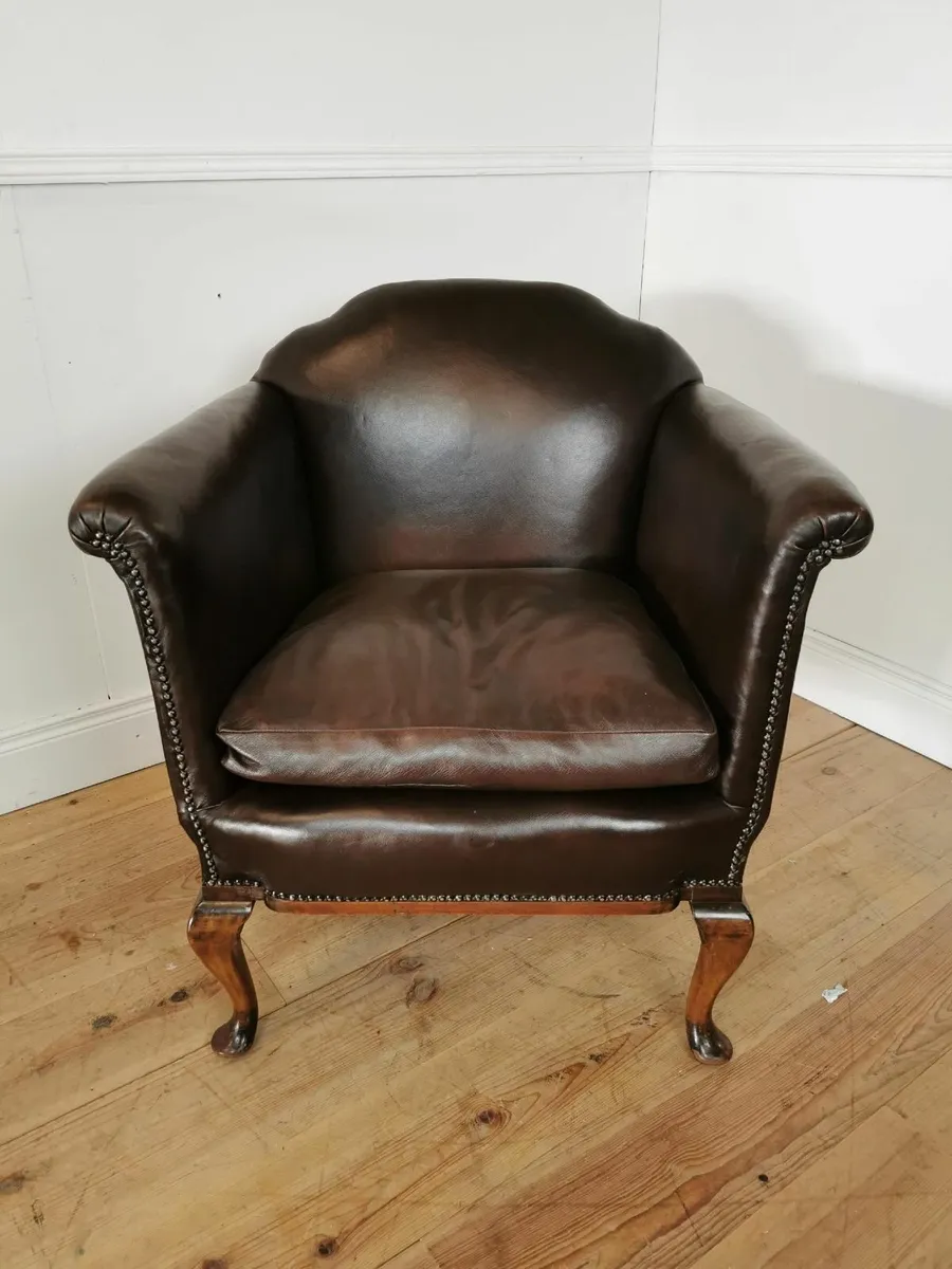 Antique Edwardian leather and mahogany chair DELIV - Image 2