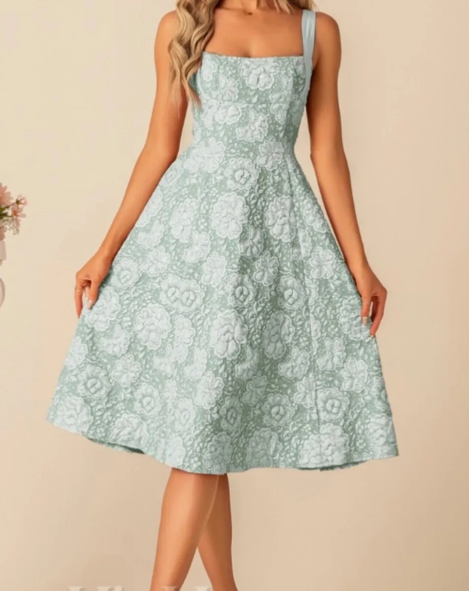 Mint Green A-Line Jacquard Dress - Image 3