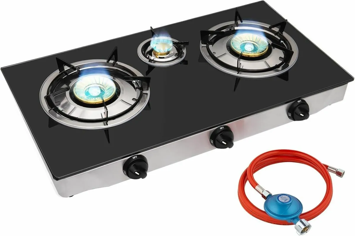 Gas Stove 2 Burners Hob Black Glass Cooker - Image 1
