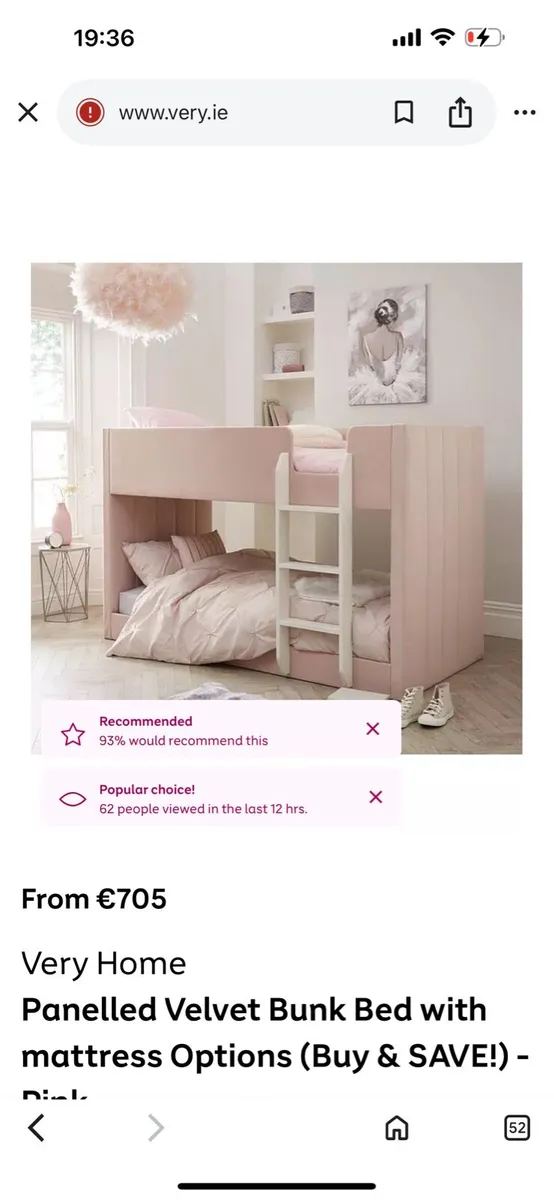 Kids pink velvet bunkbed